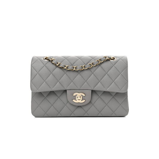 Ch*el caviar quilted small double flap grey rose gold hardware (22*14*7cm)