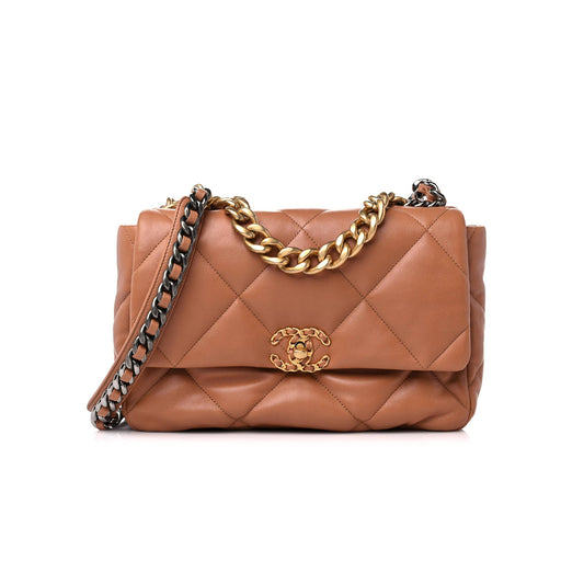 Ch*el lambskin quilted large Ch*el 19 flap brown gold hardware (30*20*9cm)