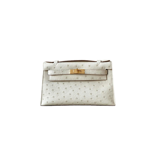 H**mes master mini kelly glacier white ostrich leather gold buckle (22*14*7cm)