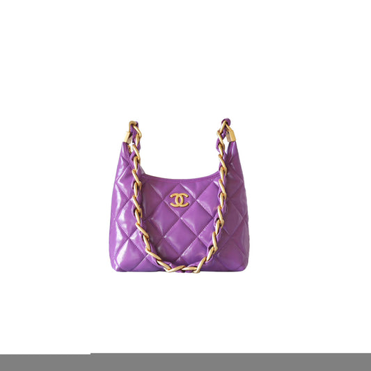 Ch*el master small hobo bag shiny lambskin and gold metallic purple as4922 (22.5*19.5*8.5cm)