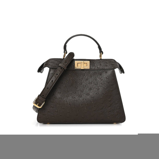 F**di ostrich shiny nappa small peekaboo i see u satchel dark brown (27*20*11cm)