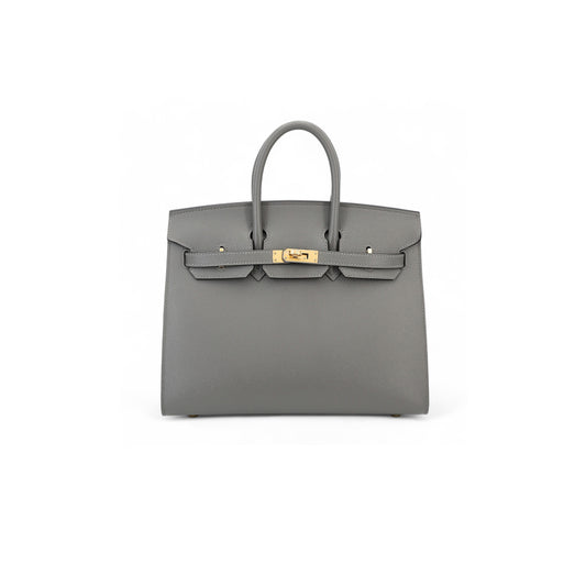 H**mes master birkin 25 outseam 0l gris meyer cumulonimbus gray leather gold button 9117444335 (25*20*13cm)