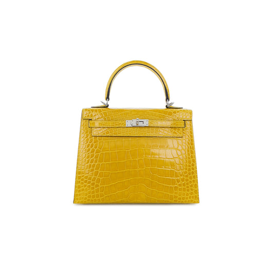 H**mes master kelly 25 nile crocodile leather amber yellow silver buckle (25*17*7cm)
