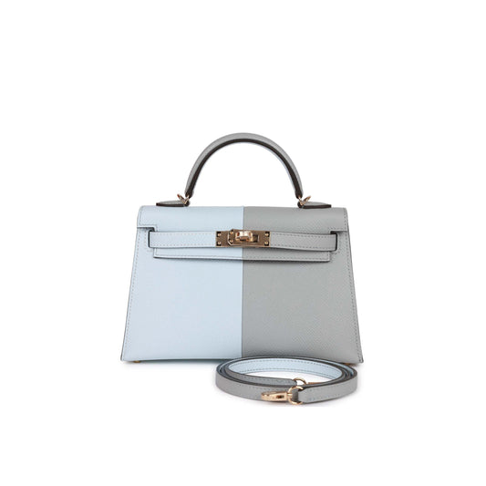 H**mes special order (hss) kelly mini sellier 20 casaque bleu brume and gris meyer epsom permabrass hardware (19*12*5.5cm)