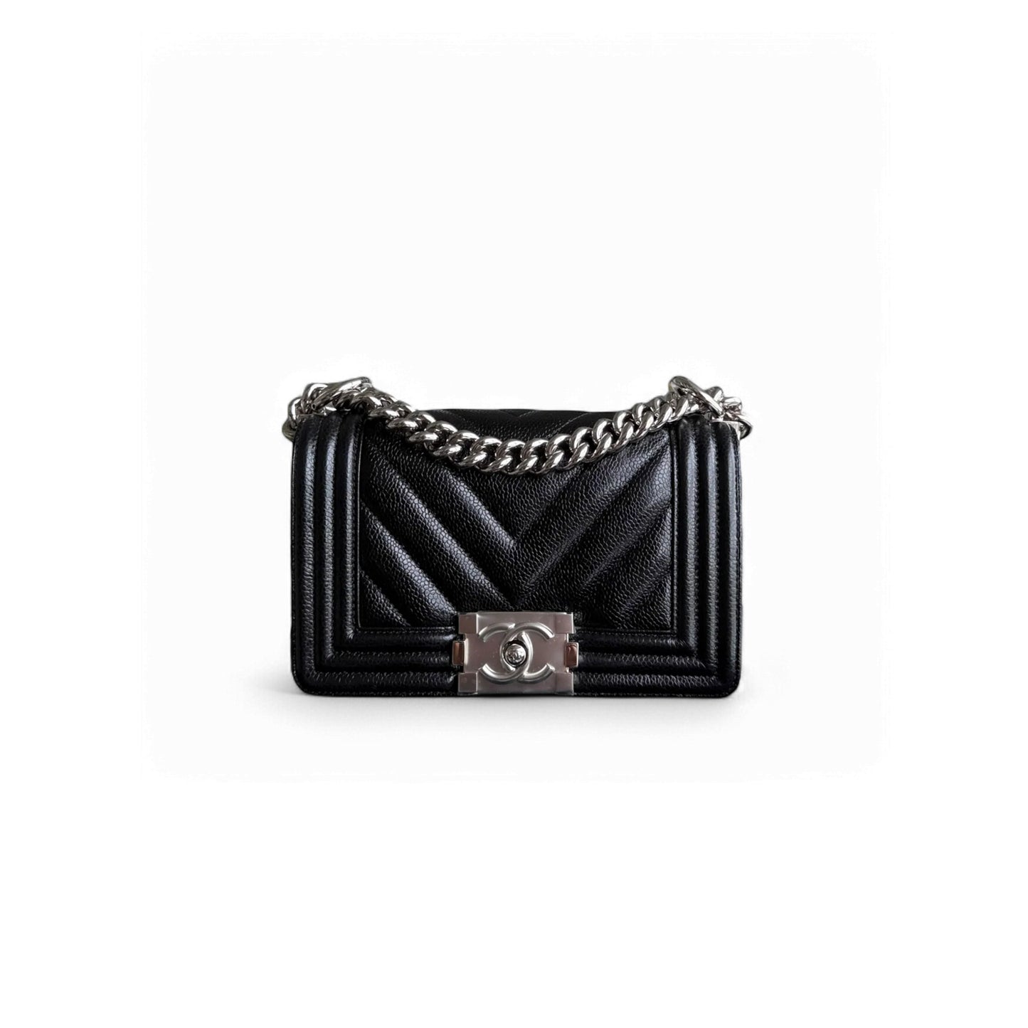 Ch*el boy small caviar chevron black silver hardware (20*12*6cm)