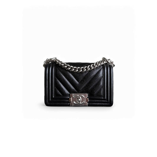 Ch*el boy small caviar chevron black silver hardware (20*12*6cm)