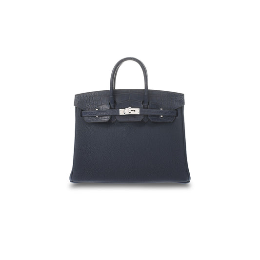 H**mes master birkin 25 crocodile and togo leather royal blue silver buckle h076216ck40 (25*20*13cm)