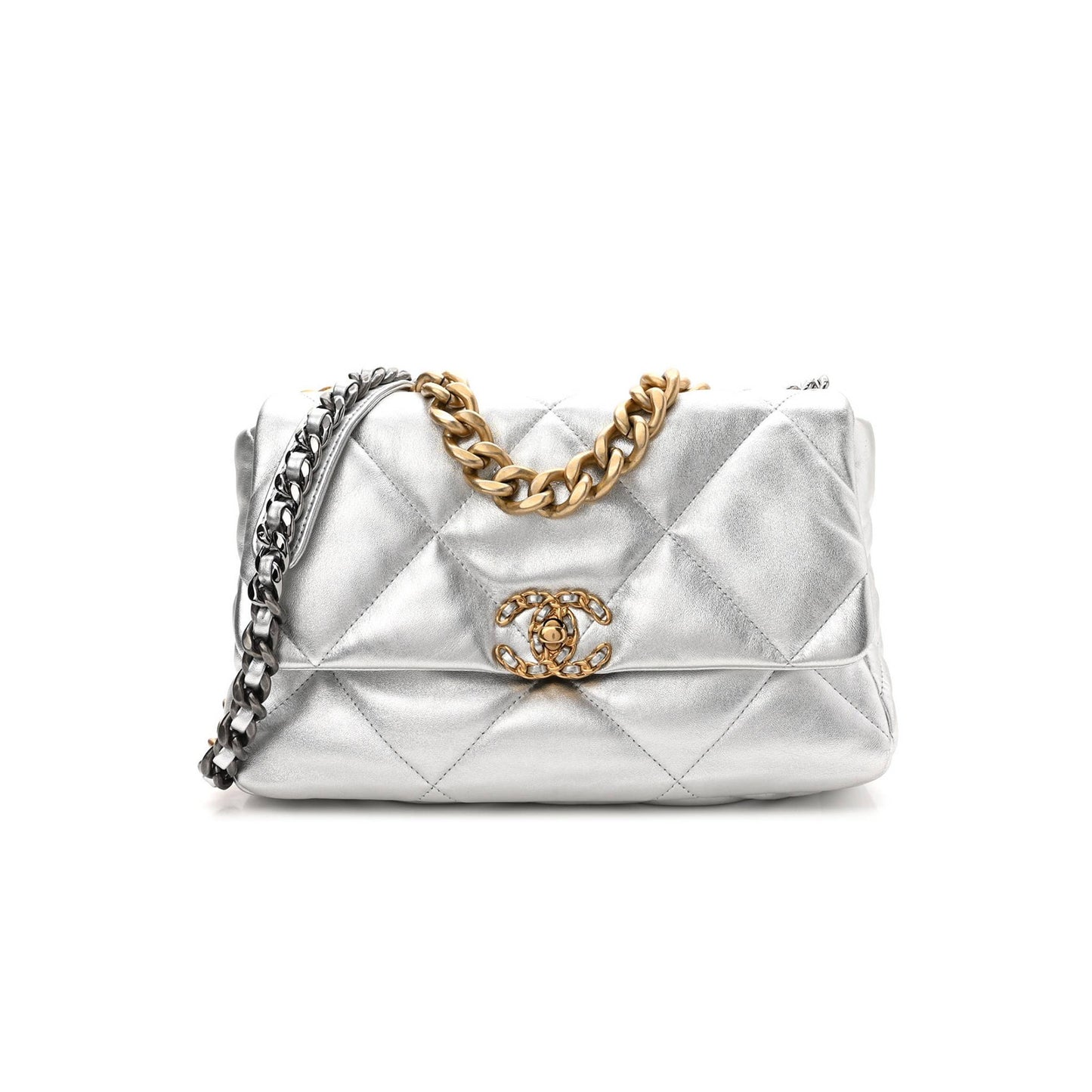 Ch*el metallic goatskin quilted large Ch*el 19 flap silver gold hardware (30*21*9cm)