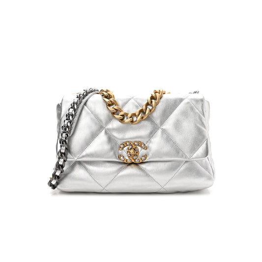 Ch*el metallic goatskin quilted large Ch*el 19 flap silver gold hardware (30*21*9cm)
