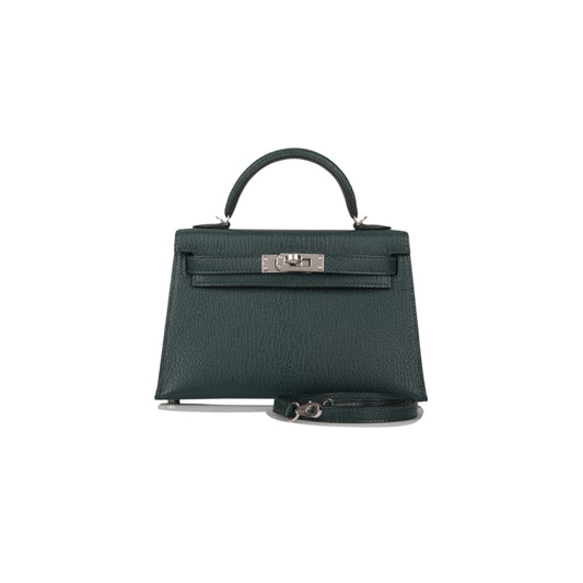 H**mes sellier kelly ii chevre leather titan green with n0*hern blue inside (19*12*5.5cm)