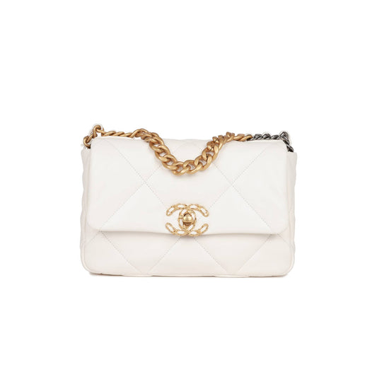 Ch*el medium 19 flap bag white calfskin mixed hardware (25*16*9cm)