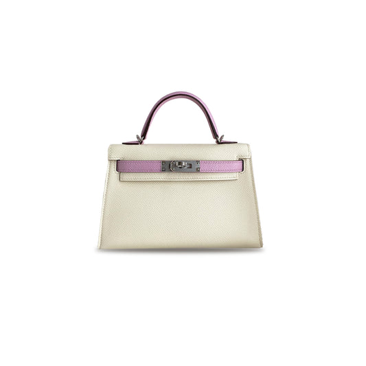 H**mes mini kelly ii epsom cream white with mallow purple silver buckle (19*12*5.5cm)