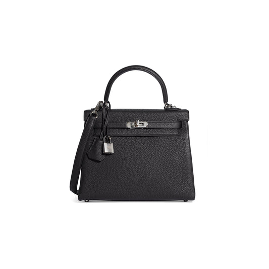 H**mes master a black togo leather retournÉ kelly 25 with palladium hardware (25*17*7cm)
