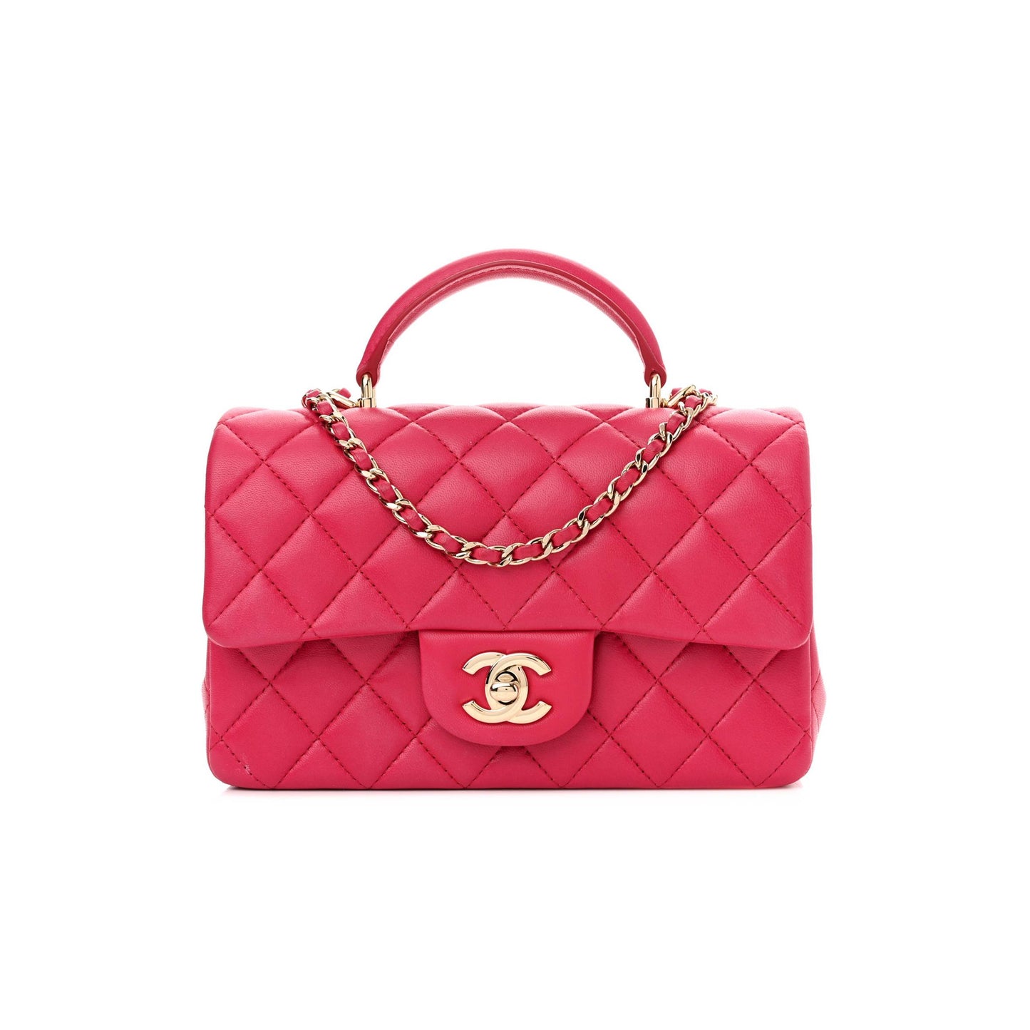 Ch*el lambskin quilted mini top handle rectangular flap dark pink rose gold hardware (19*13*7cm)