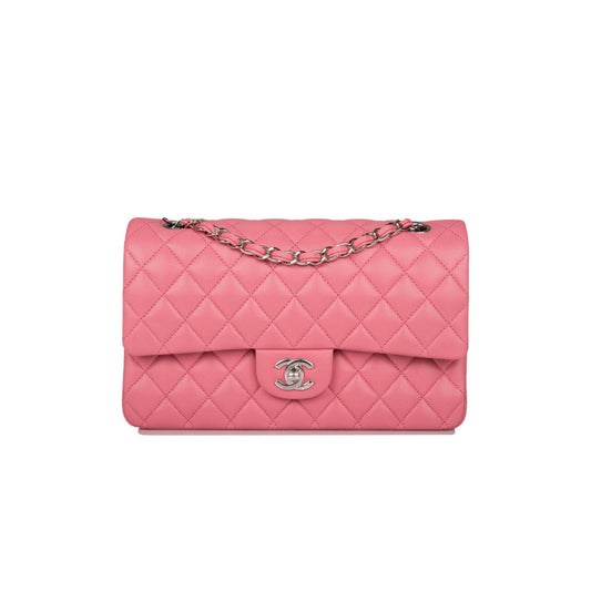 Ch*el medium classic double flap bag rose quilted lambskin silver hardware (25*15*7cm)