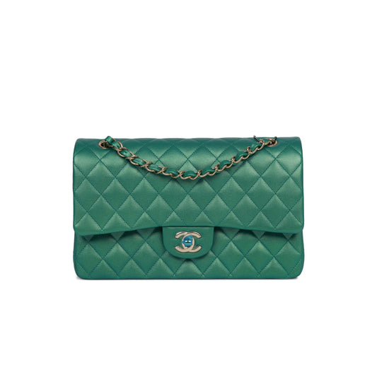 Ch*el medium classic double flap bag green iridescent lambskin light gold hardware (25*15*7cm)