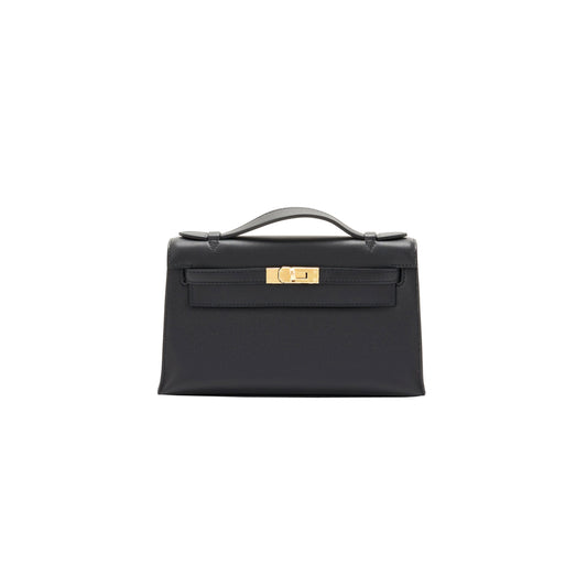 H**mes kelly pochette black gold hardware clutch cut bag swift (22*14*7cm)