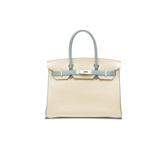 H**mes birkin 25 chevre leather cream white and haze blue with silver buckle bag h028361cc71 (25*20*13cm)