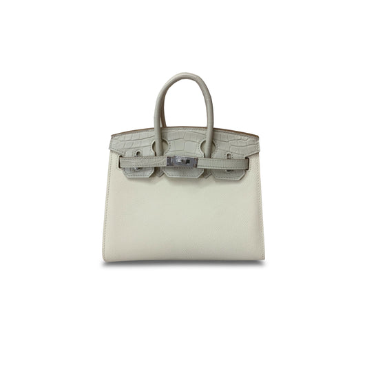 H**mes master birkin 20 crocodile and calf leather milkshake white glacier white silver buckle h076210ck06 (20*16*11cm)