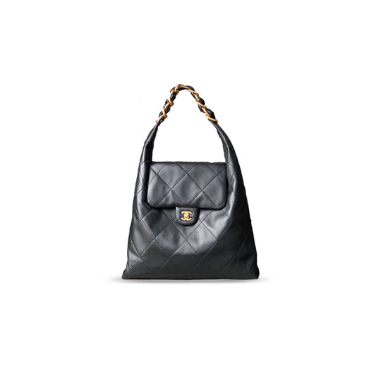 Ch*el large hobo bag calfskin & gold metal black 496584 (36*34*12cm)
