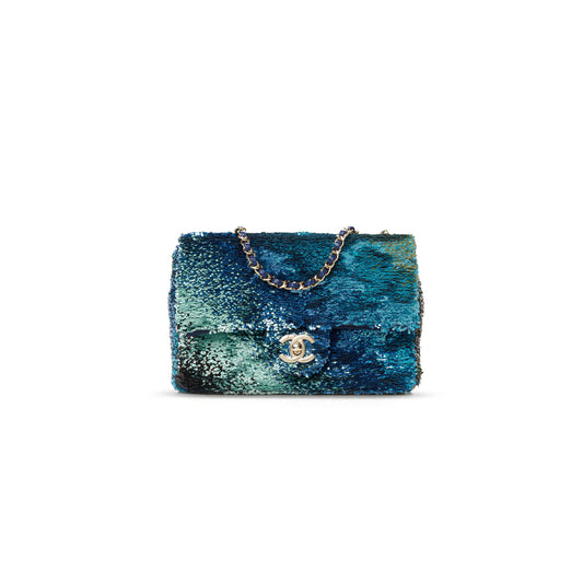 Ch*el shaded sequins mini flap light green dark brown white blue 1585379 (20*14*7cm)