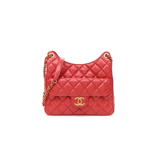 Ch*el shiny crumpled calfskin quilted small hobo red gold hardware (22*17*7cm)