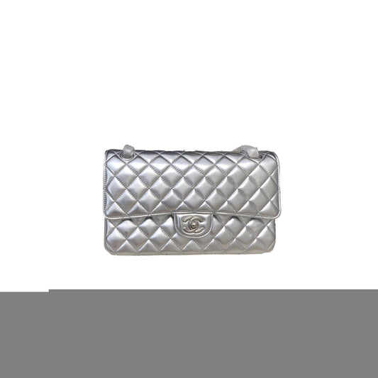 Ch*el silver quilted leather medium classic double flap bag a1112 (25*15*6cm)