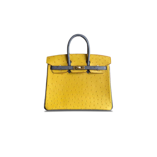 H**mes master birkin 25 ostrich leather amber yellow and agate grey gold buckle h041944ck60 (25*20*13cm)