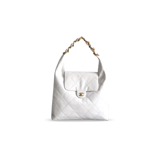Ch*el large hobo bag calfskin & gold metal white 496583 (36*34*12cm)