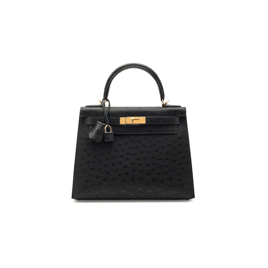 H**mes master a black ostrich kelly 25 with gold hardware (25*17*7cm)