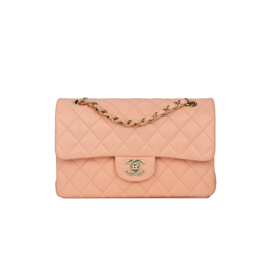 Ch*el small classic double flap peach lambskin light gold hardware (23*13*6cm)