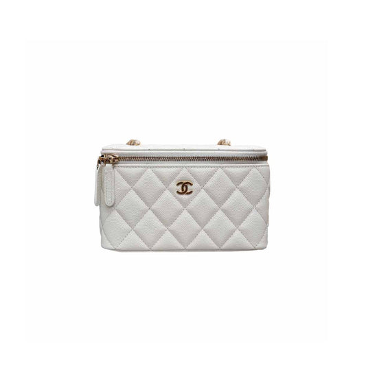 Ch*el classic vanity with chain white caviar gold hardware ap1141 (16.5*10*8cm)
