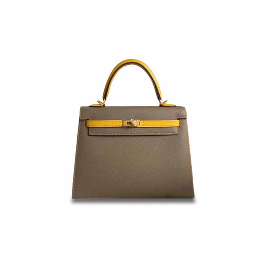 H**mes kelly 25 epsom asphalt gray and amber yellow gold buckle (25*17*7cm)