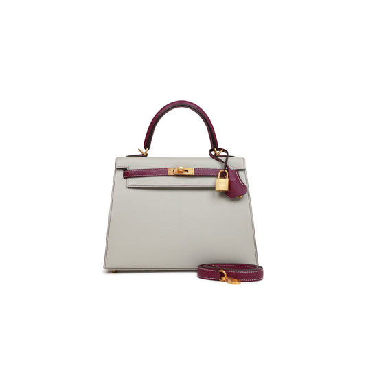 H**mes special order (hss) kelly sellier 25 gris perle and anemone chevre brushed gold hardware handmade(25*17*7cm)