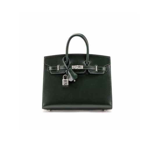H**mes BIRKIN 25 SELLIER VERT FONCE BOX CALF PALLADIUM HARDWARE (25*20*13cm)