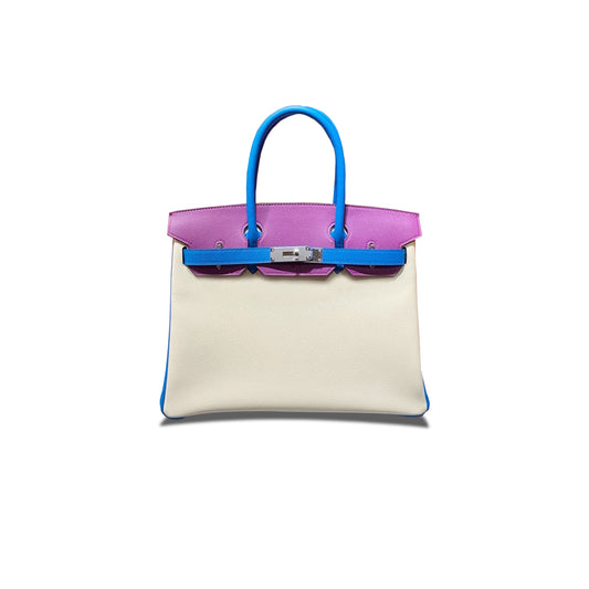 H**mes birkin 30 epsom milkshake white with water fairy blue and anemone purple silver buckle h028362cc07 (30*23*15cm)