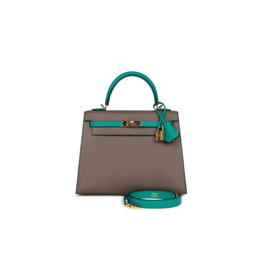 H**mes special order (hss) kelly sellier 25 etain and bleu paon epsom gold hardware handmade(25*17*7cm)