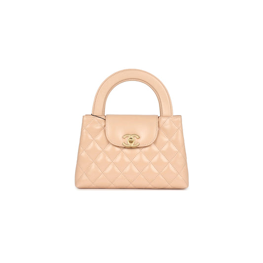 Ch*el master kelly shopper beige shiny calfskin brushed gold hardware as4416 (19*13*7cm)