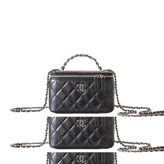 Ch*el master shiny calfskin quilted small crystal top handle vanity case with chain black a96030 (17*9.5*7.8cm)