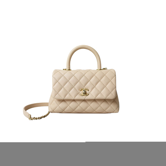 Ch*el coco handle mini, beige caviar with gold hardware (23*14*9cm)