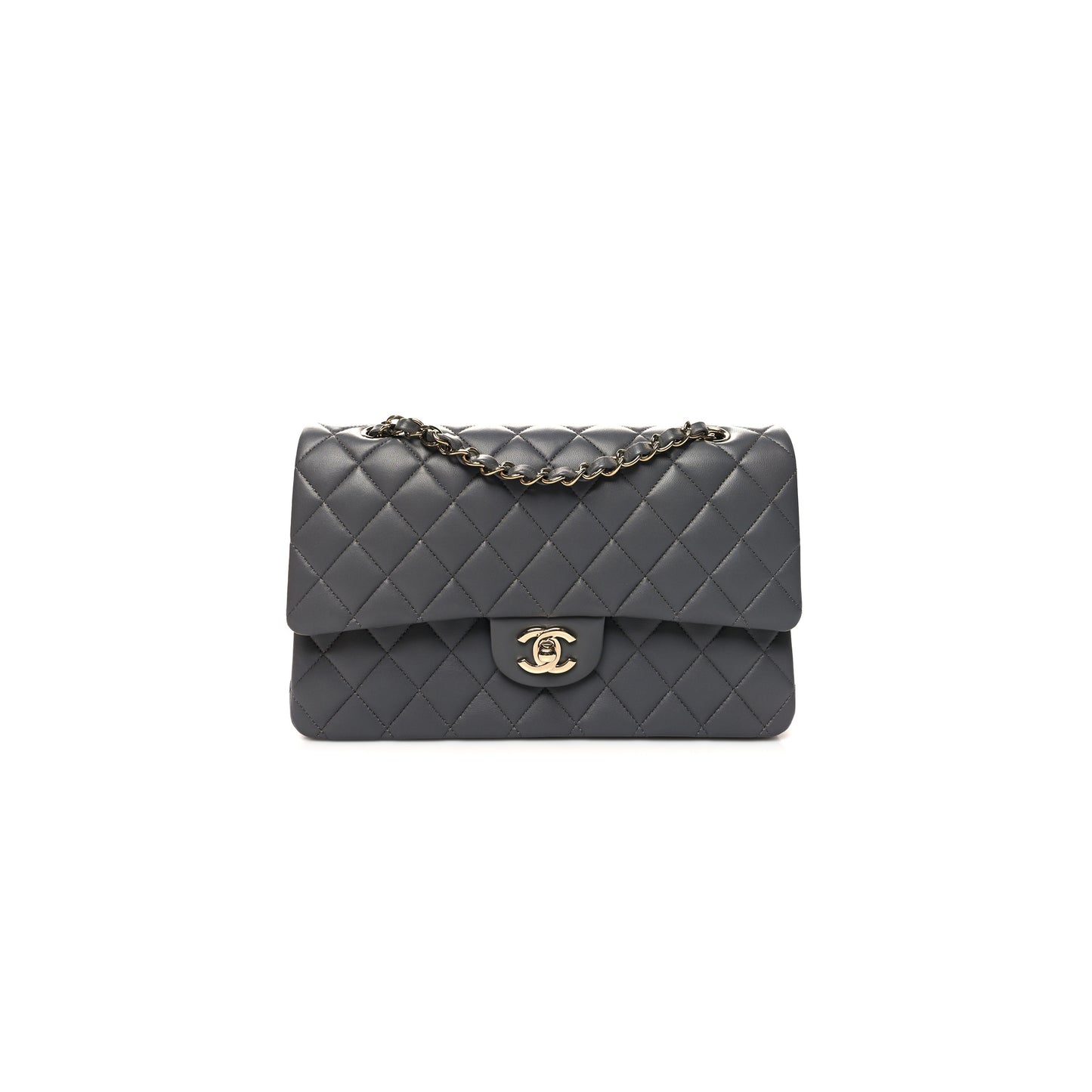 Ch*el lambskin quilted double flap dark grey as1112 (25.5*15.5*6.5cm)