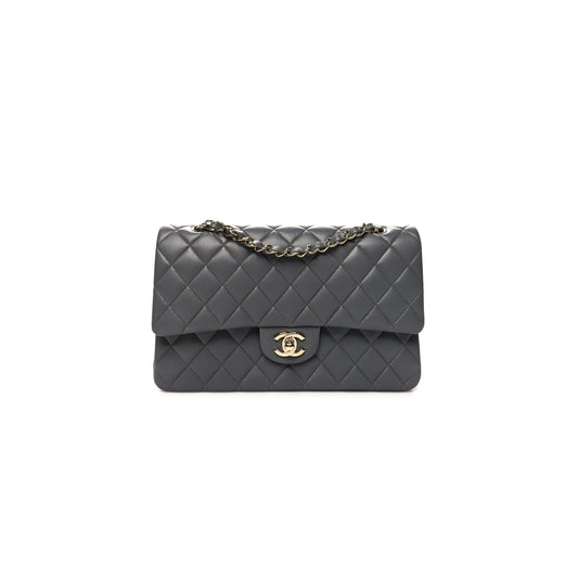 Ch*el lambskin quilted double flap dark grey as1112 (25.5*15.5*6.5cm)