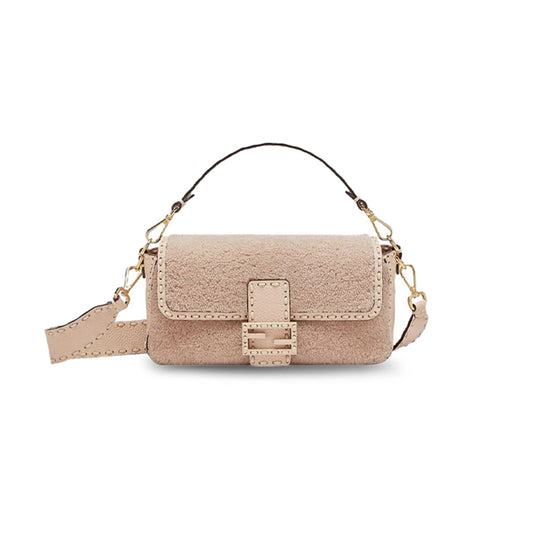 F**di baguette nm bag shearling with stitched leather medium pink 8br600ah96f1f7n (27*15*6cm)