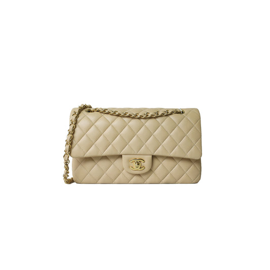 Ch*el classic medium, beige clair lambskin with gold hardware as1112 (25.5*15*7cm)