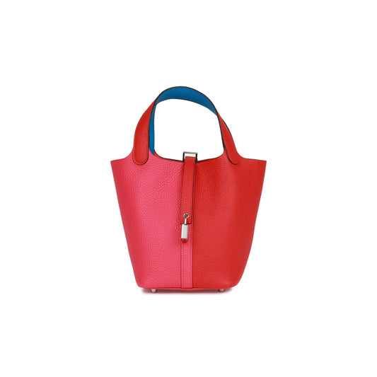 H**mes picotin lock 18 casaque rouge de coeur, rose extreme and bleu zanzibar clemence palladium hardware (18*13*18cm)