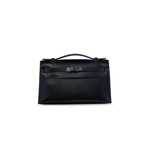 H**mes master black box leather so black kelly pochette with pvd hardware (22*14*7cm)
