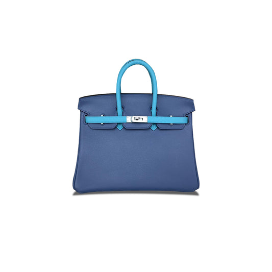 H**mes master birkin 25 swift leather agate blue and macron blue silver buckle bag h049363ck02 (25*20*13cm)
