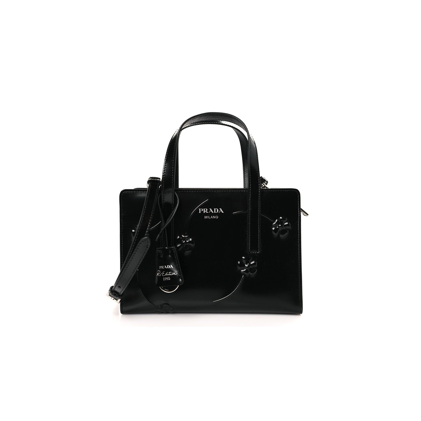 Pra*a brushed calfskin floral mini re-edition 1995 tote black (22*15*7cm)