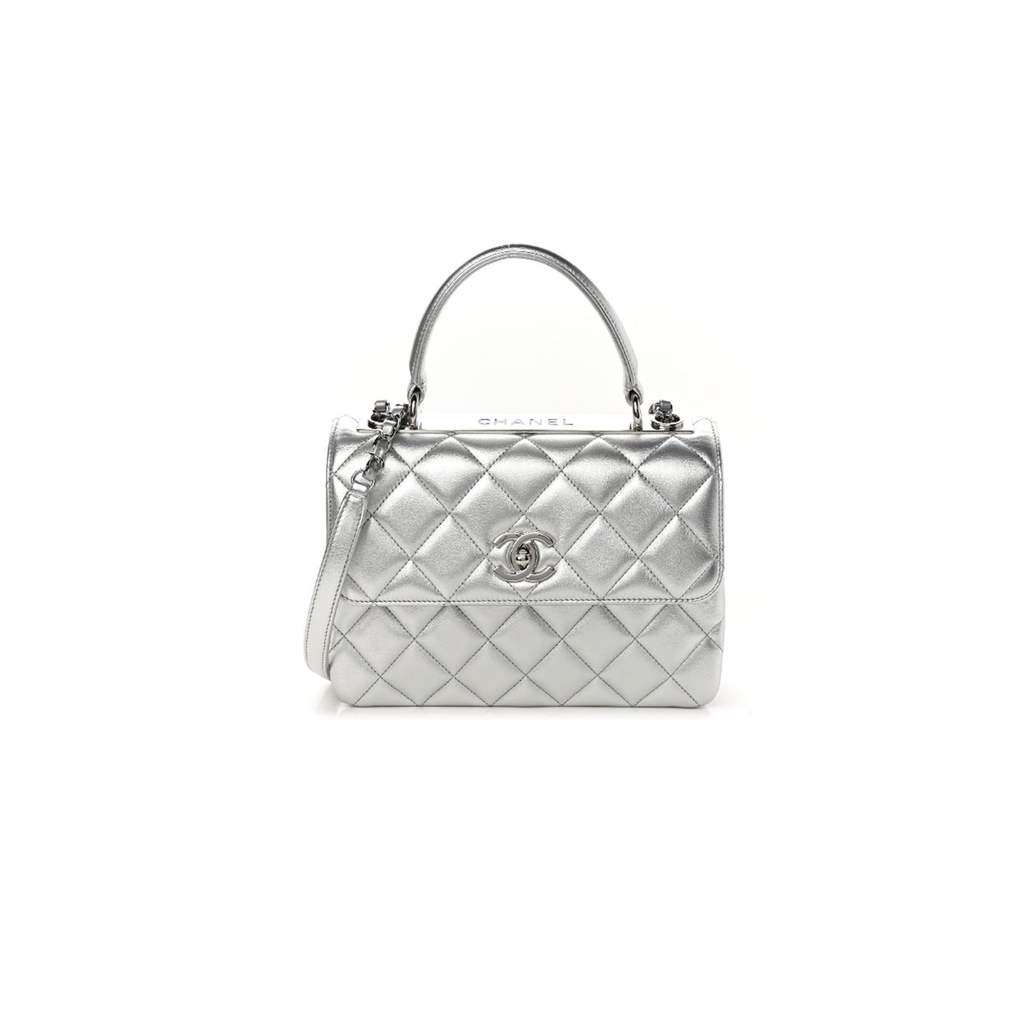 Ch**el metallic lambskin quilted small trendy cc flap dual handle bag silver (25*17*9cm)