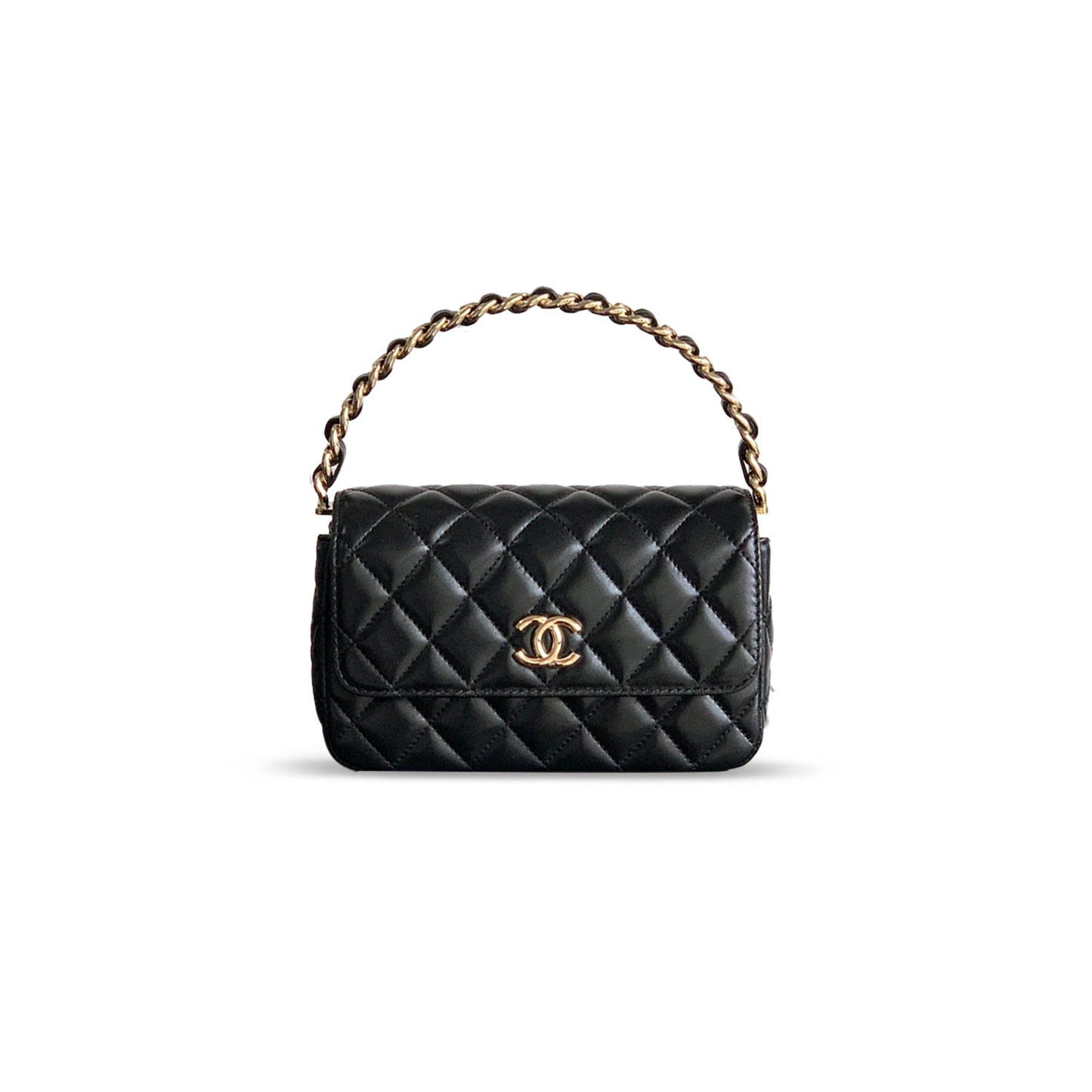 Ch*el handle flap bag lambskin & gold metal black 496581 (18.5*10.5*8cm)
